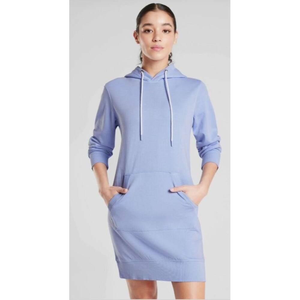 Athleta Sundown Hoodie Dress Medium Periwinkle Blue Athleisure Lounge Casual